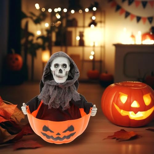 Halloween Candy Bowl, Halloween Animated Skeleton Candy Dish with Motion Activated, Screaming Skull Candy Holder, Screaming Witch Holder with Light up Red Eyes and Creepy Sound Scary
