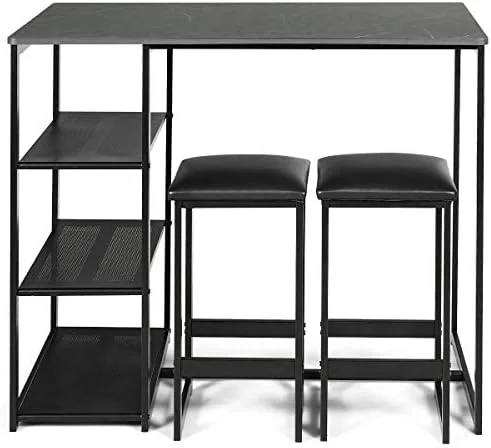 KHBIULIFE 3-Piece Dining Set  Compact 2 Chairs and Table Set  Kitchen Set with Rectangular Faux Marble  3 Metal  Shelves  Fashionable Simple Style  Kitchen Counter Height Table Set (Black