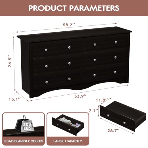 YESHOMY Dresser for Bedroom with 6 Drawer, Wood Wide Chest Storage Organizer and TV Stand for Living Room, Hallway, Dormitory, Black