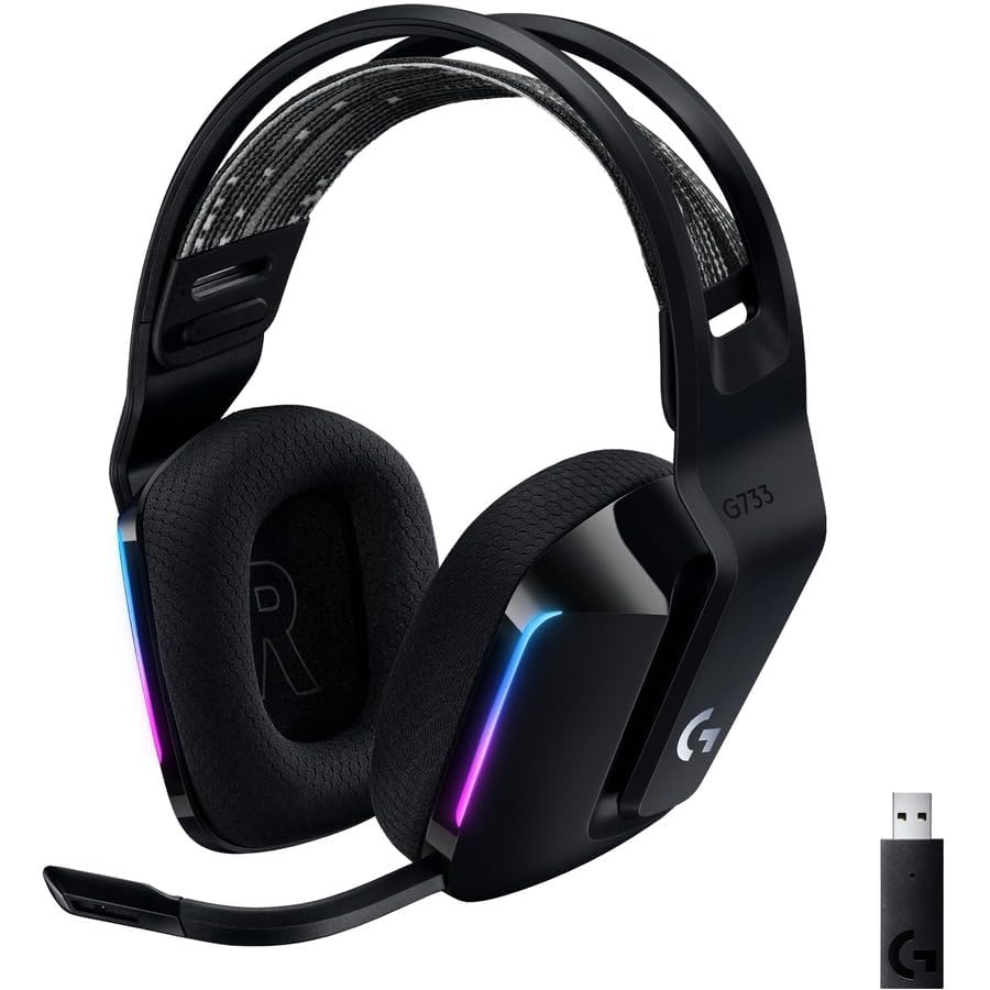 Logitech G733 Lightspeed Wireless Gaming Headset, Suspension Headband, Lightsync RGB, Blue VO!CE Mic, PRO-G Audio – Black, Gaming Headset Wireless, PC, PS5, PS4, Switch Compatible