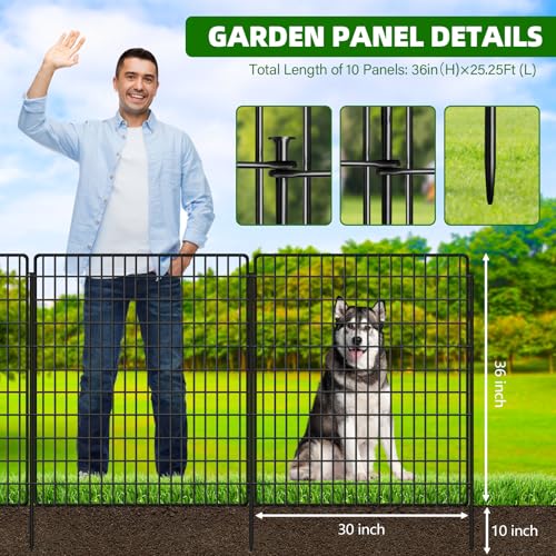 10 Panels Garden Fencing Animal Barrier, 33 in(H) X 24 ft(L) Dog Fence Outdoor for Yard Rustproof No Dig Decorative Tall Garden Fence Metal Wire Panel Border Patio Rabbit Ground Stakes Fencing