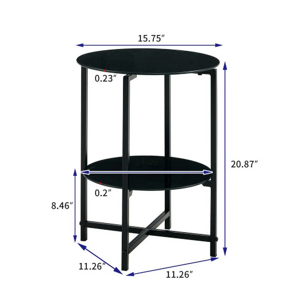 2 PCS Set Black Tempered Glass End Tables with Heavy-Duty Metal Frame Side Tables for Bedroom Living Room (Black)
