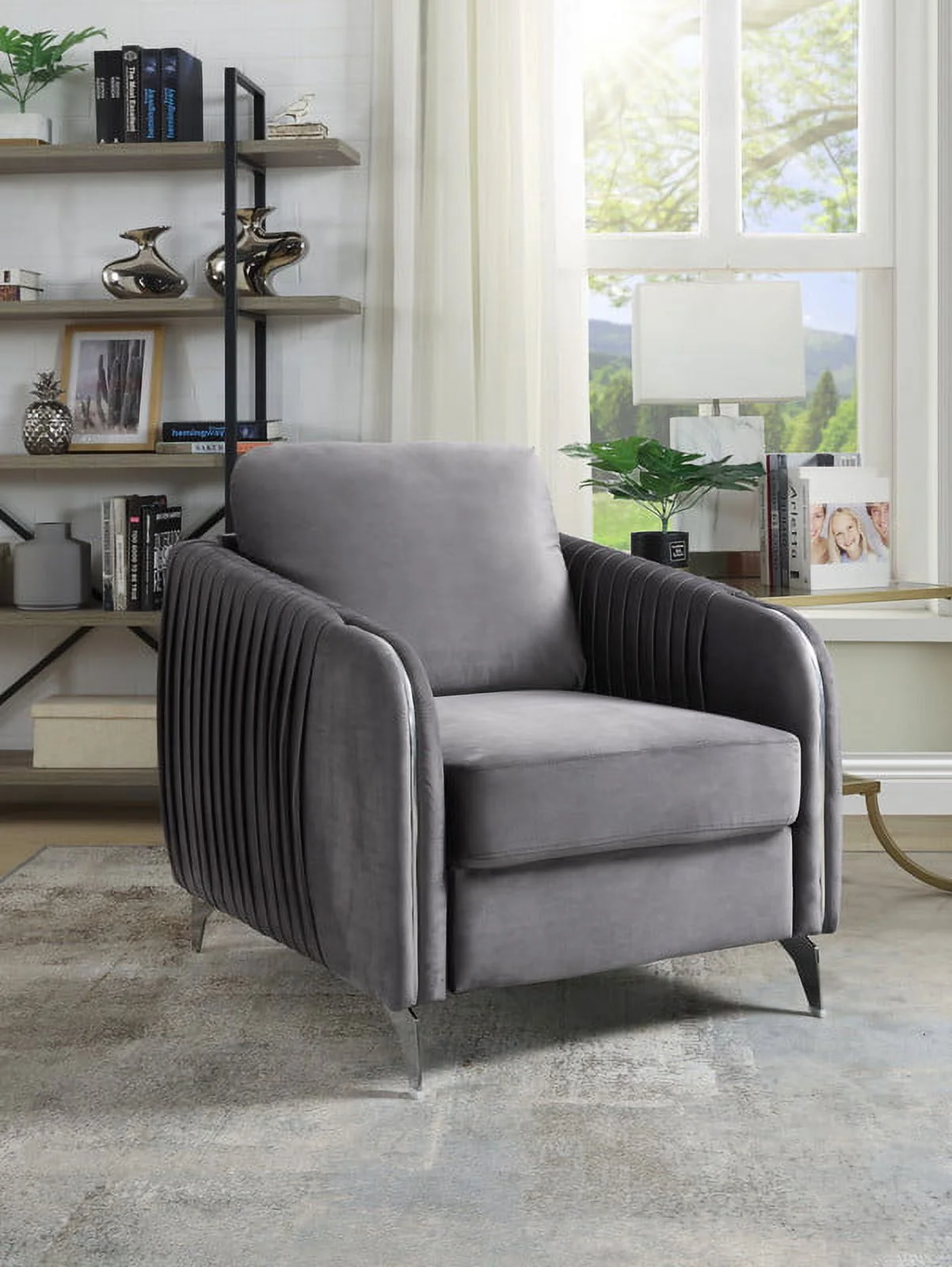 Hathaway Gray Velvet Elegant Modern Chic Accent Arm Chair