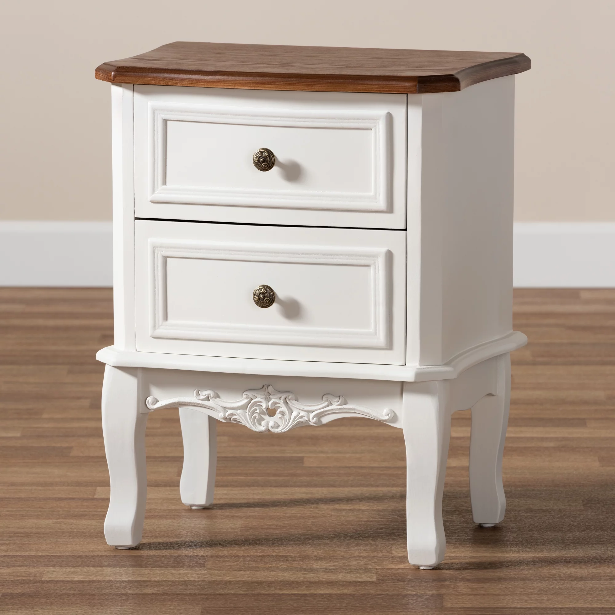 Baxton Studio Darlene Classic and Traditional French White and Cherry Brown Finished Wood 2-Drawer End Table