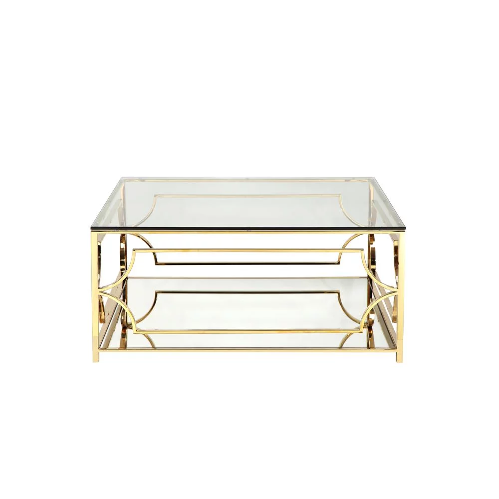American Home Classic Edward Square Metal and Glass Coffee Table in Polish Gold