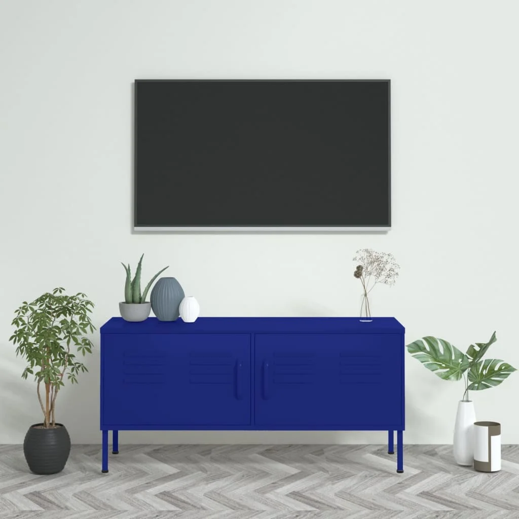 OWSOO TV Stand in Navy Blue, Sturdy Steel Construction, Ample Storage, Levellers, Media Organization