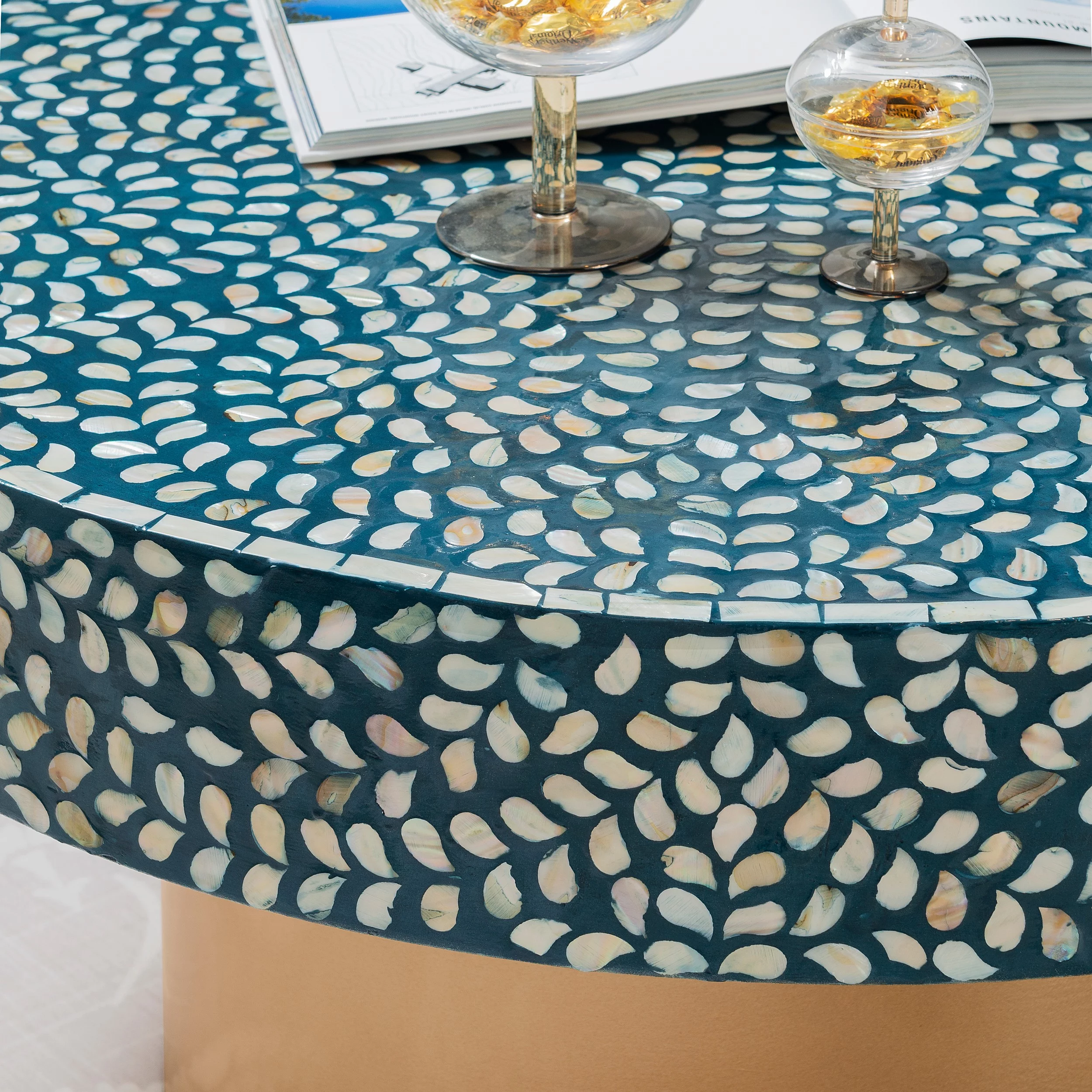 Linon Saxony Round Coffee Table, Blue Mother of Pearl