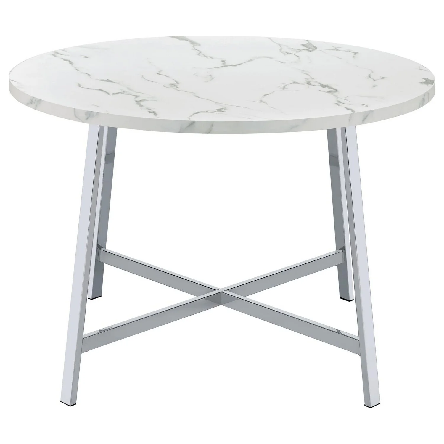 Benjara  45 in. Faux Carrara Round Marble Top Dining Table with Metal Legs, White, Chrome & Gray