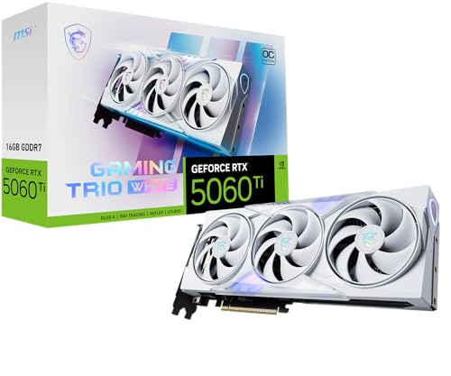 MSI Gaming RTX 5060 Ti 16G Gaming Trio OC White Graphics Card (16GB GDDR7, 128-bit, Extreme Performance: TBA MHz, DisplayPort x 3 2.1a, HDMI 2.1b, NVIDIA Blackwell Architecture)