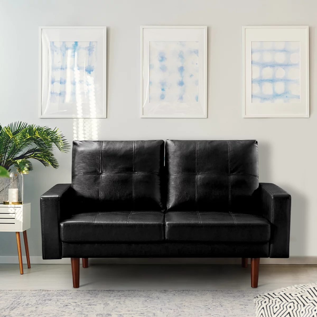 Kowilk Pu Leather loveseat Modern Couch For Living Room With High-Density Foam Cushion, Accent Love Seat Sofa With Spacious Seat Comfy Futon Couch With Solid Wood Legs For Bedroom, Office