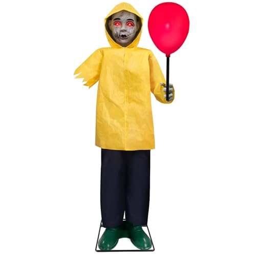 Halloween Decorations Outdoor, 4 Ft Life Size Animatronics Prop with Glowing Balloon, Sound-Activated Sensor, Scary Decor for Home Party Indoor Outside Garden Lawn Grave Yard