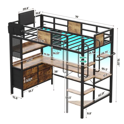 Loft Bed Twin Size, Twin Loft Bed with Desk, Metal Bunk Bed with Desk Underneath and LED Lights & Charging Station, L-Shaped Desk and Storage,5 Drawer&2 Pegboards, Safety Guard Ladder, Brown