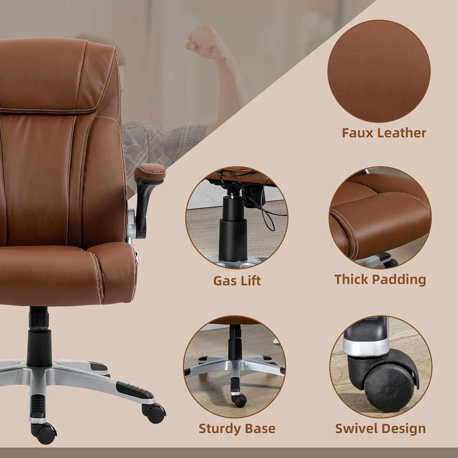 Executive Massage Office Chair With 6 Vibration Points, Heated Faux Leather Computer Desk Chair With -Up Armrest, Adjustable Height, Swivel Wheel, Brown