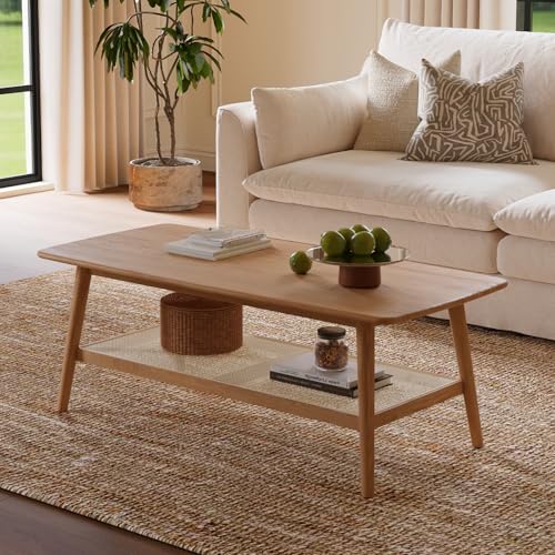 Mid Century Modern Coffee Table with Natural Rattan Storage Shelf, Solid Oak Wood 2-Tier Rectangular Coffee Table for Living Room Easy Assembly (47.24” L x 22” D x 17.32” H)