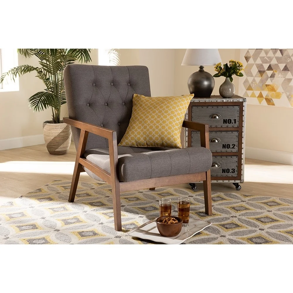 Baxton Studio Naeva Mid-Century Modern Grey Fabric Upholstered Walnut Finished Wood Armchair