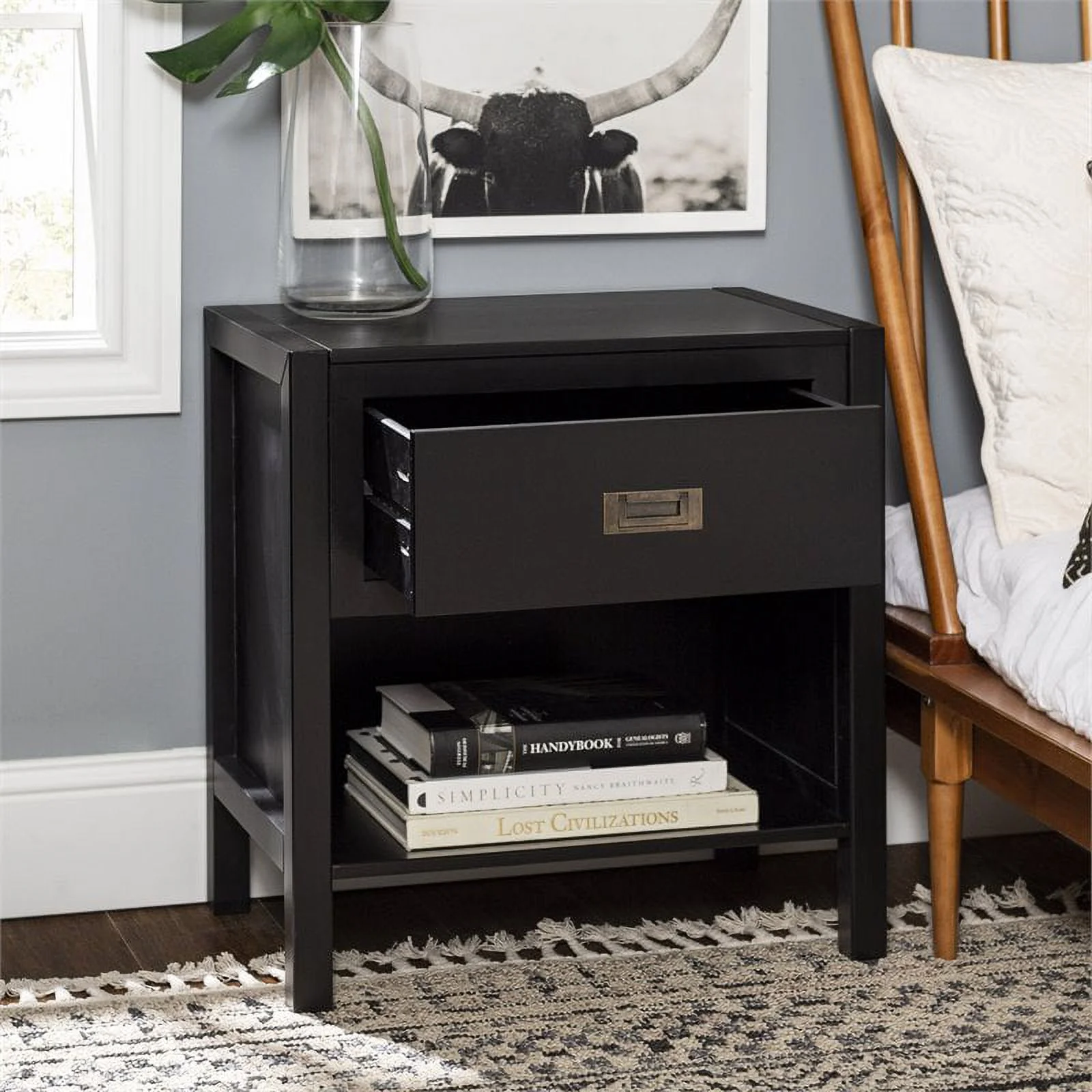 Lydia 2-Piece 1-Drawer Classic Solid Wood Bedroom Nightstand Set in Black