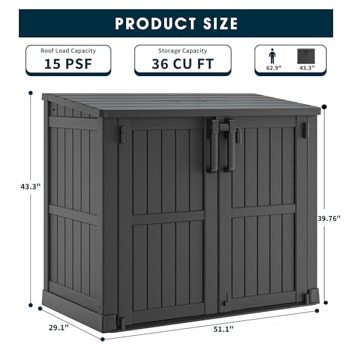 Outdoor Resin Storage Shed 36 Cu. Ft. Garden Horizontal Storage Large Capacity Weather Resistant Storage Box, Lockable Resin Waterproof Shed for Garbage Cans, Garden Tools