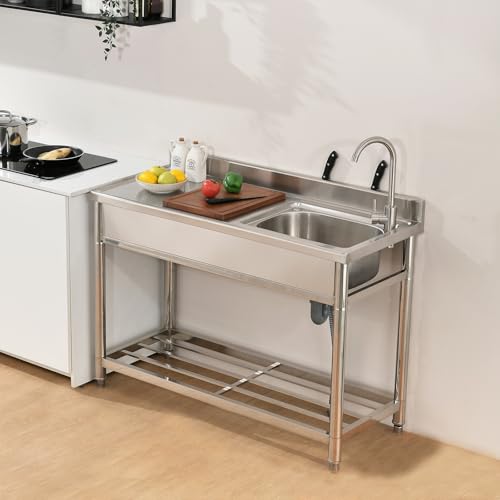 Stainless Steel Utility Sink Freestanding Kitchen Sink with Faucet Single Bowl 16 Gauge Outdoor Workbench with Knife Hole for Restaurant or Laundry Room