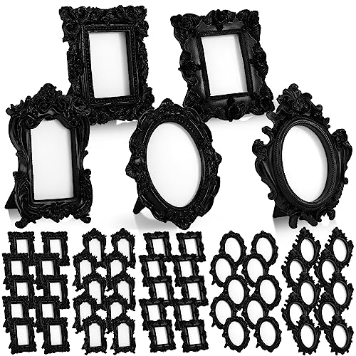 Maitys 15 Pcs Mini Picture Vintage Frames Tiny Antique Photo Baroque Ornate Resin Oval Frame Table Top Display Home Wedding Decor (Black)
