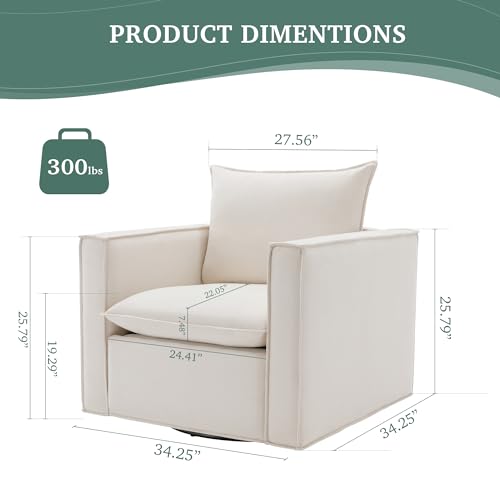 COLAMY Swivel Accent Chair, 34 Inches Wide Upholstered Arm Chair with Plump Back Pillow, Modern Sofa Living Room Chair for Bedroom, Corner, Reading Nook-Beige