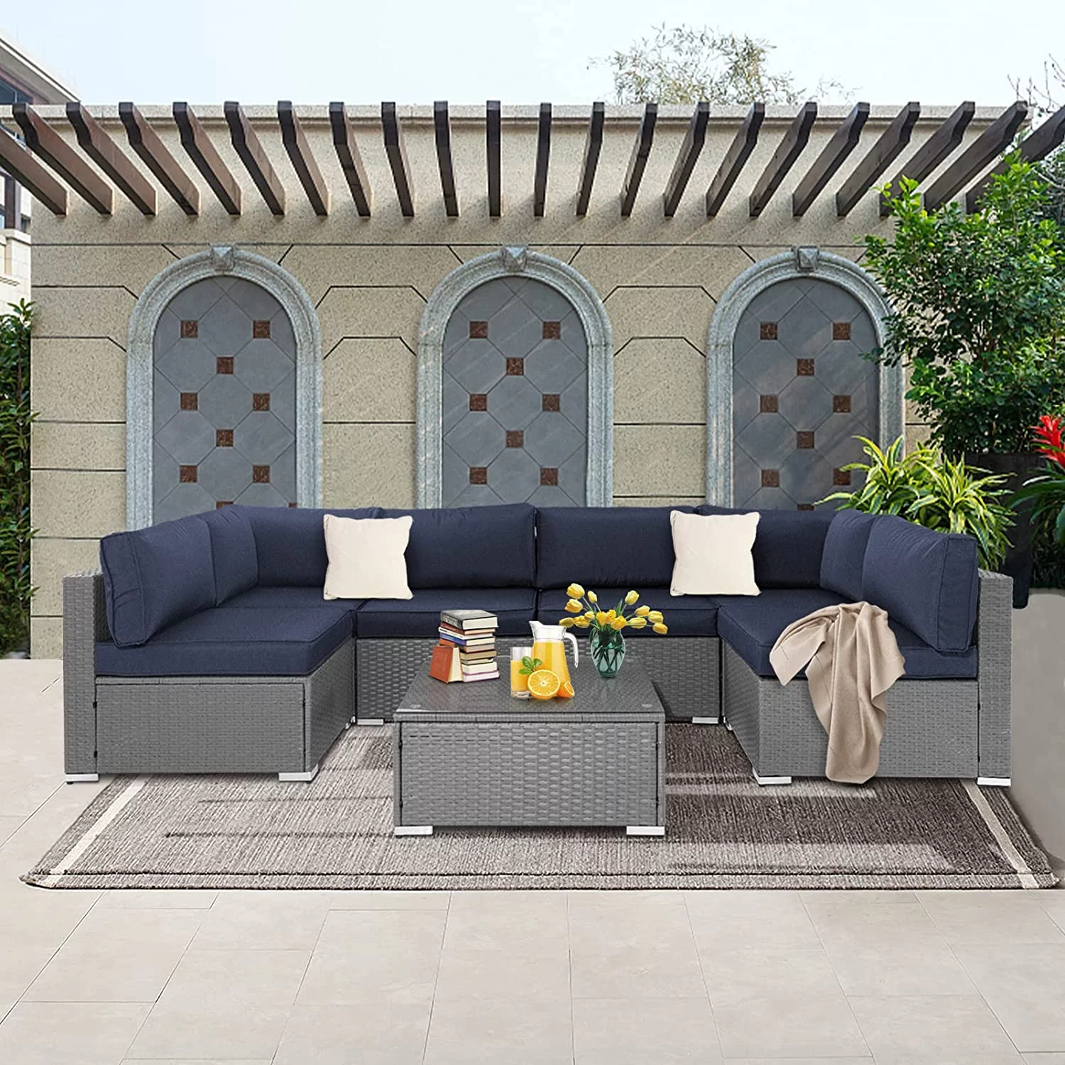 Popular 7 Piece Outdoor Sectional Sofa Patio Furniture Set  All-Weather PE Grey Wicker Patio Conversation Set with Washable Cushion and Glass Table(Grey Cushions)