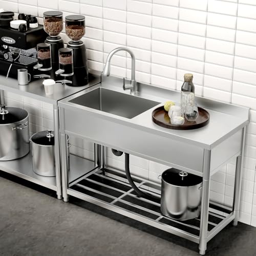 Commercial Sink with Drainboard, Stainless Steel Utility Sink with Pull-out Faucet, Free Standing Single Bowl Kitchen Sink with Workbench for Restaurant, Garage, Outoor, 21.7