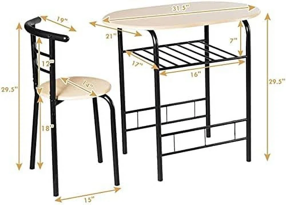 HOOMHIBIU 3-Piece Dining Set  Round Kitchen Table w/ 2 Chairs  Steel Frame & Wine Rack  Small Kitchen Table for Apartment  Dining Room  Kitchen  Small Space (Natural)