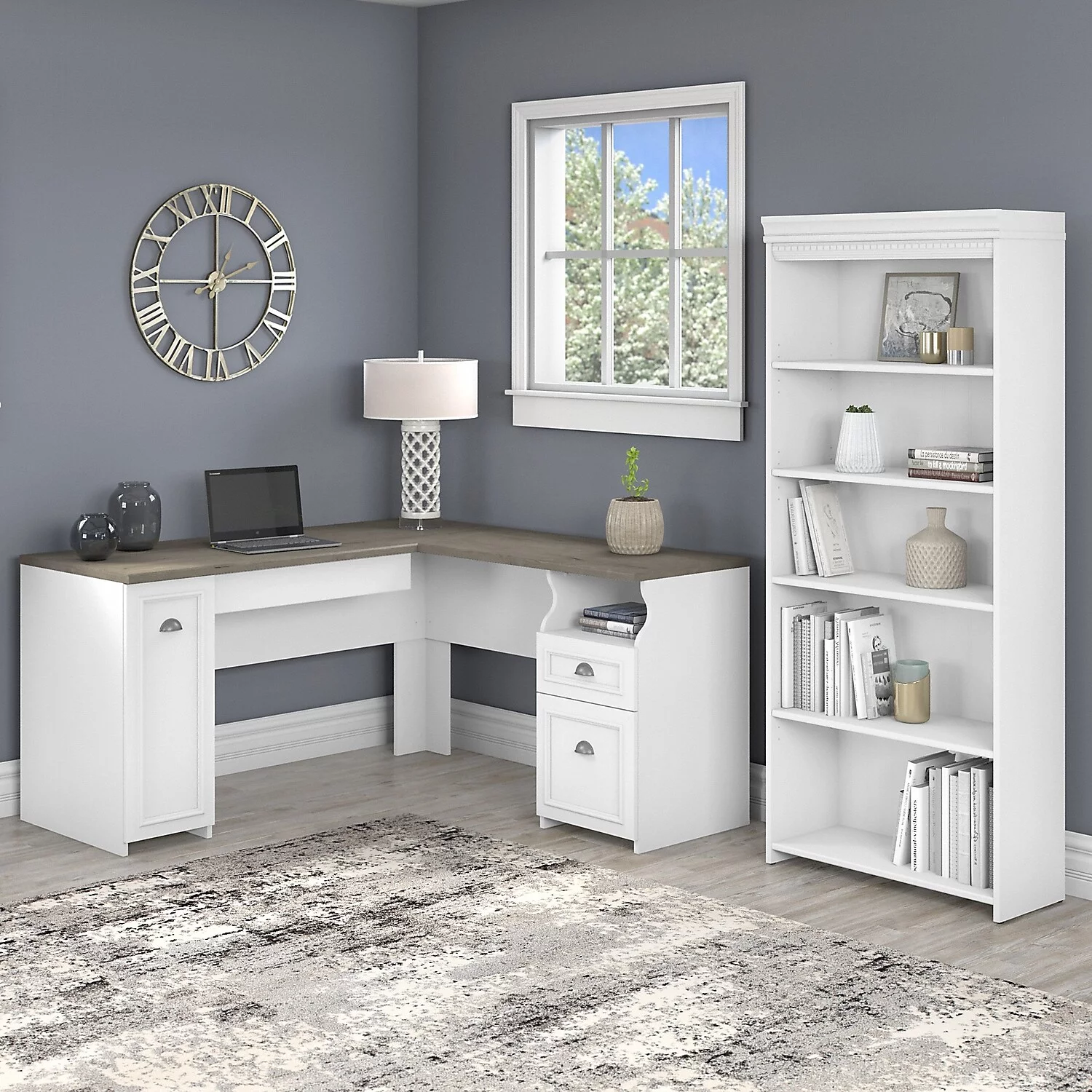 Fairview 60W L Shaped Desk with Bookcase in White and Gray - Engineered Wood