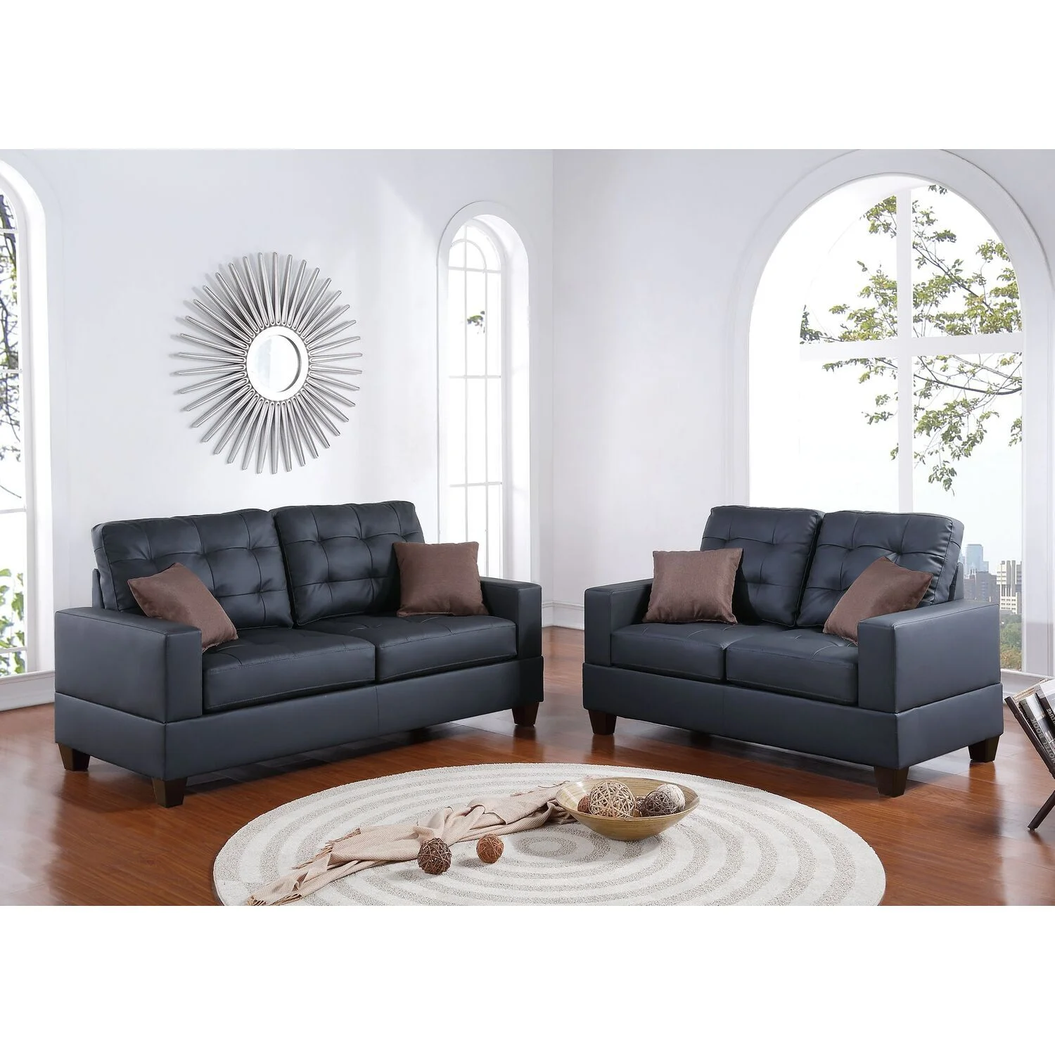 Maykoosh Rustic Revival Furniture 2 Piece Faux Leather Sofa and Loveseat Set in Black Color
