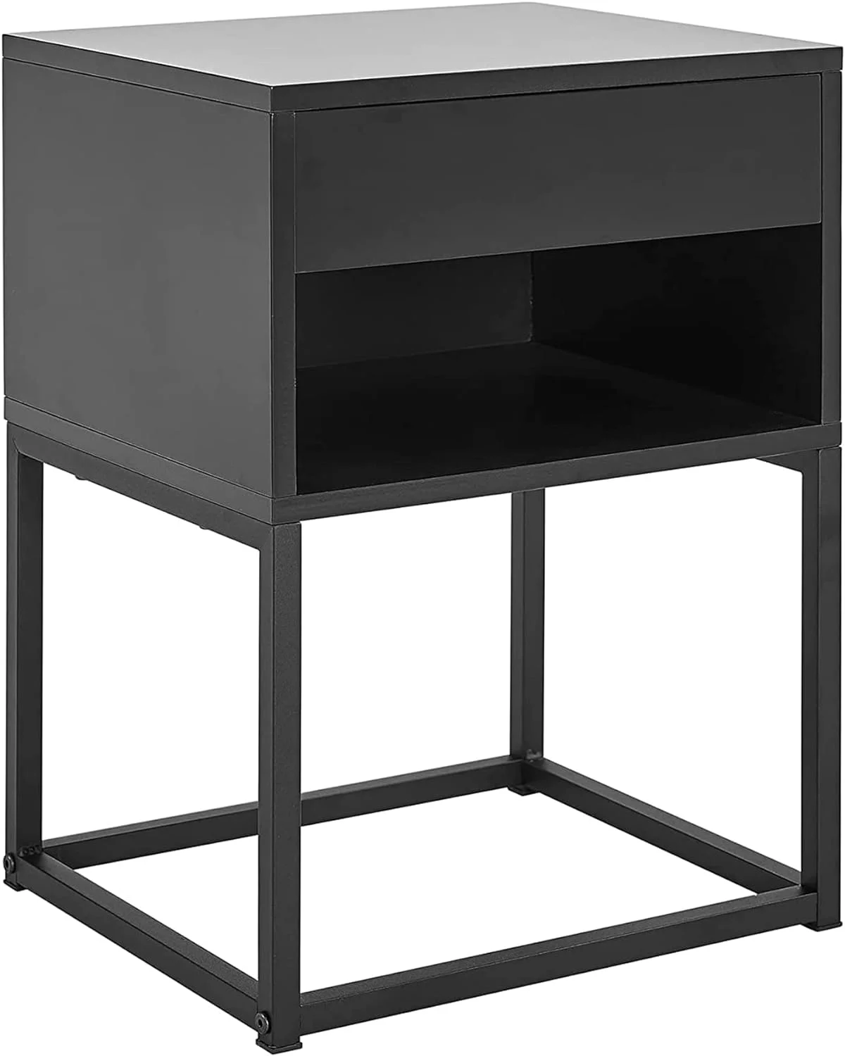 Inch Tall Simple Rectangular End Table Nightstand With Flat Top, Pull Out Drawer, And Open Shelving, Metal Leg Design, Black