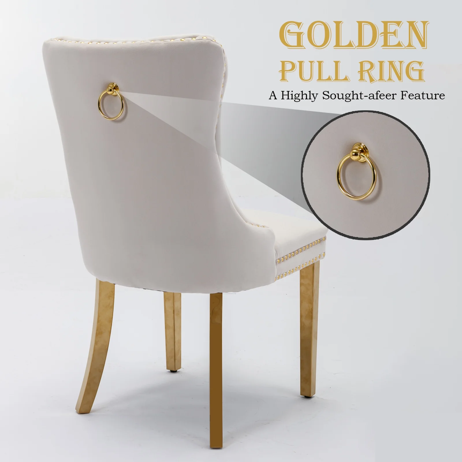 Glavbiku Modern High End Velvet Dining Chair Set of 2,Dining Room Rivets Chairs with Gold Legs,Beige