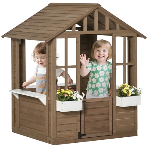 Outsunny Kids Wooden Playhouse, Outdoor Garden Games Cottage, with Working Door, Windows, Flowers Pot Holder, 47