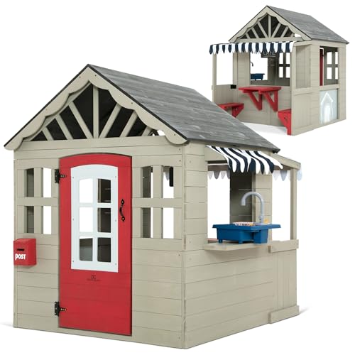 Delta Children MySize Deluxe Outdoor Playhouse with Play Sink with Running Water, Picnic Table & Mailbox – Premium Wooden Cedar Playhouse for Kids, Grey