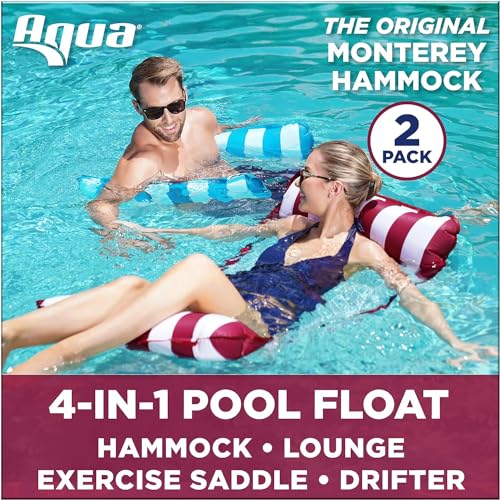Aqua 4-in-1 Monterey Hammock Pool Float & Water Hammock, Multi-Purpose, Inflatable Pool Floats for Adults, Patented Thick, Non-Stick PVC Material, One Light Blue & One Burgundy/White Stripe, 2-Pack