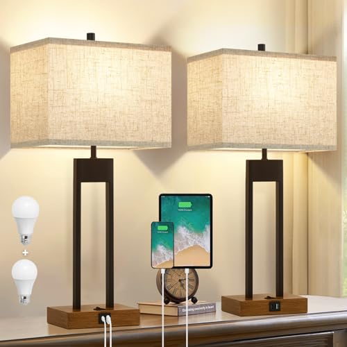 25.5’’ Nightstand Table Lamps for Bedrooms Set of 2, Bedside Lamp with USB C+A, 3 Colors Changeable Living Room Lamps for End Tables, Modern Night Stand Lamps for Bed Side Guest Room Office Reading