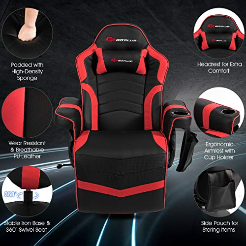 Goplus Massage Gaming Chair, Racing Style Gaming Recliner w/Adjustable Backrest and Footrest, Ergonomic High Back PU Leather Computer Office Chair Swivel Game Chair w/Cup Holder and Side Pouch