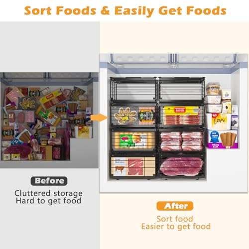 NADAMOO Freezer Organizer Bins, 2 Pack Large Expandable Stackable Chest Freezer Containers with Handle, Metal Adjustable Storage Baskets for Fridge, Deep Freezer, Cabinet, Kitchen, Pantry - Black