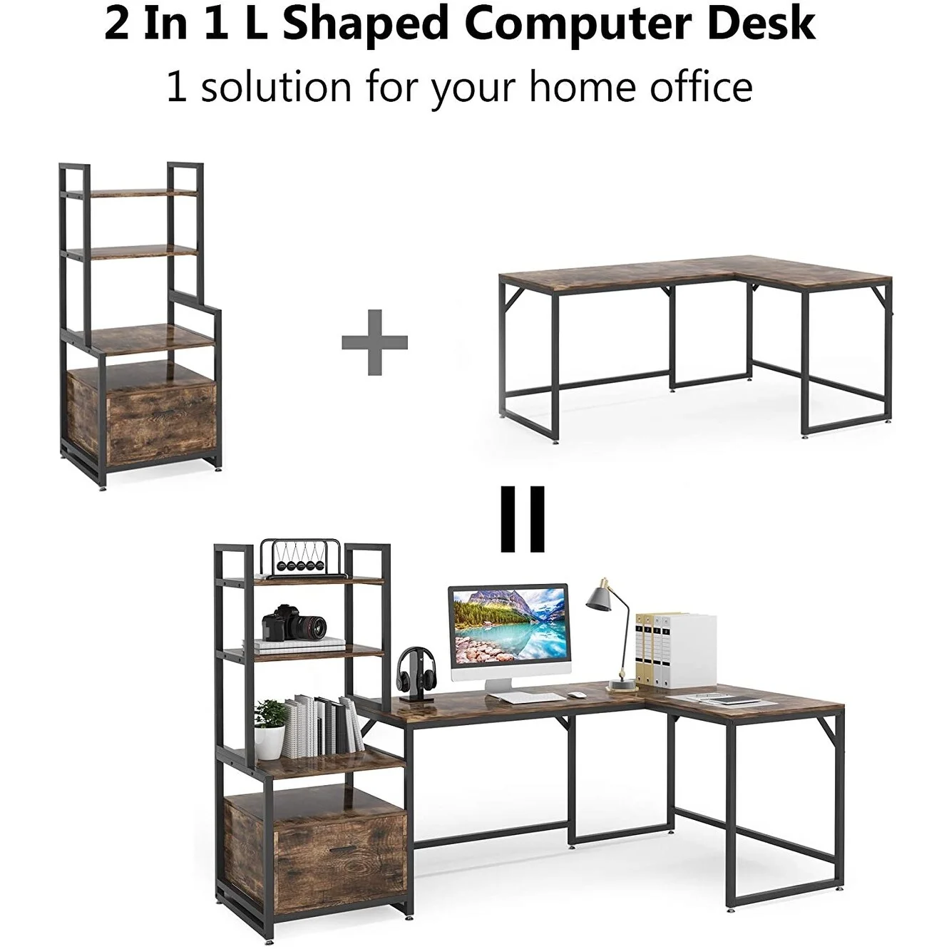 L-Shaped Computer Desk with 3 Tiers Bookshelves File Cabinet Drawer Light Brown Shelves Only