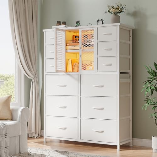 EnHomee Tall Dresser for Bedroom with Charging Station & LED & Mesh Door, 12 Fabric Drawer Dressers & Chests of Drawers, Wooden Top, Metal Frame, Black, 11.8