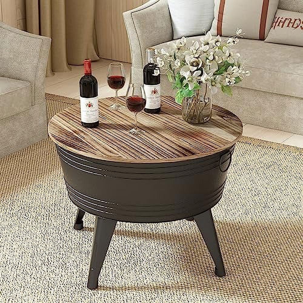 KBANZIBIU Farmhouse End Tables  Galvanized Rustic Coffee Table Farmhouse Decor Accent  with Wood Lid  Round Metal  Ottoman  for Living Room Balcony (Black  3)
