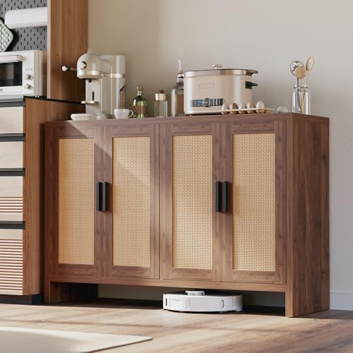 Rattan Buffet Cabinet with Storage, Sideboard Cabinet with Doors and Adjustable Shelves, Farmhouse Coffee Bar Station Table, Modern Wood Cupboard for Kitchen, Livingroom, Walnut