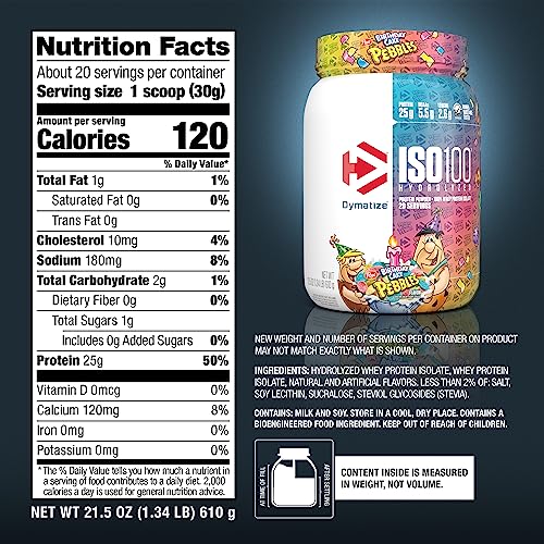 Dymatize x Fruity Pebbles ISO100 Whey Protein Powder Isolate, 25g of Protein, 20 Servings, 5.5g BCAAs, 120 Cal., Gluten Free, 1g Fat, 1g Sugar, 2g Carb