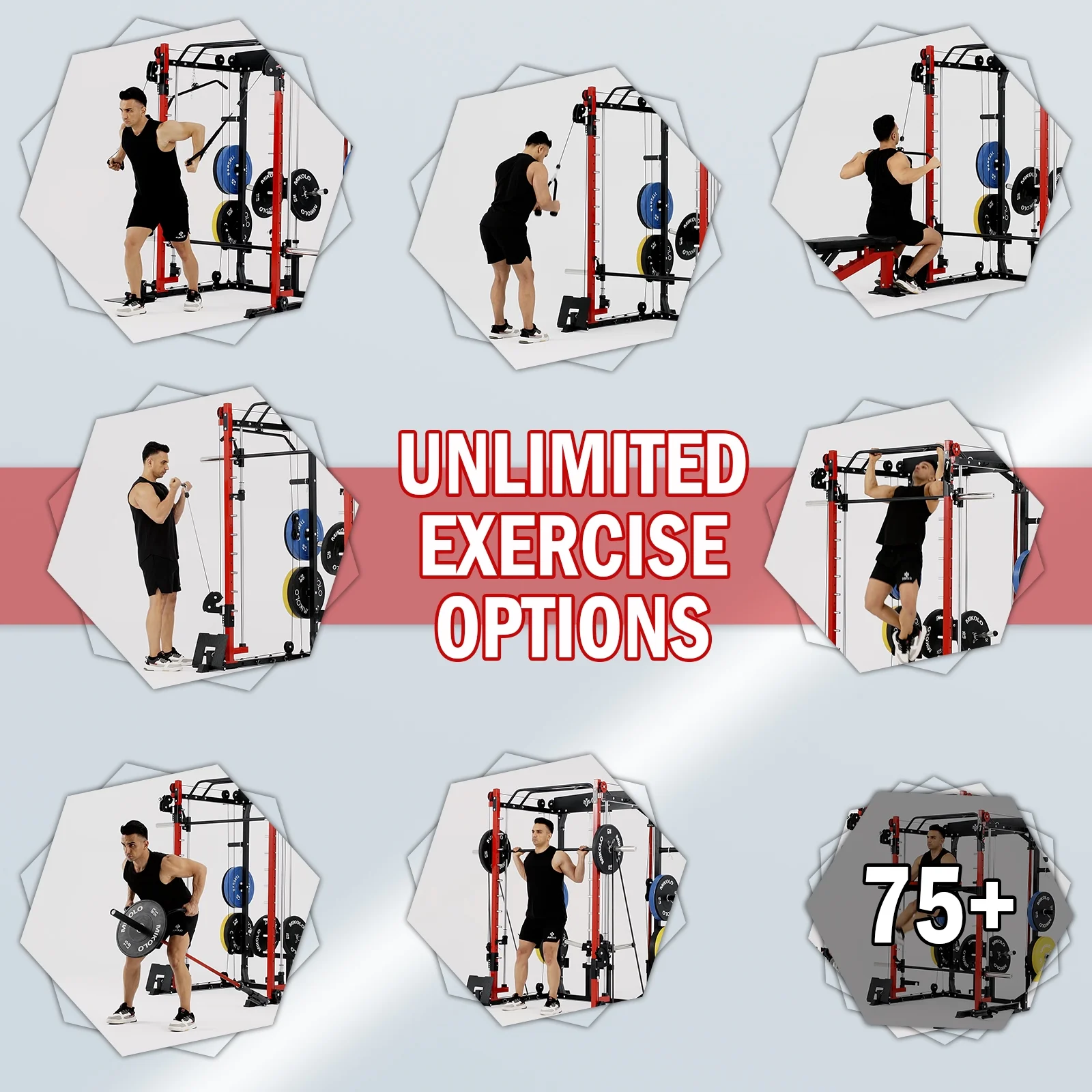 Mikolo Smith Machine Home Gym, 2000lbs Squat Rack with 800 lbs Weight Bench Combo, Training Equipment with LAT-Pull Down System & Cable Crossover Machine