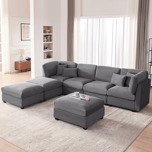 125 Inch Oversized Corduroy Modular Sectional Sofa, U Shaped Modular Couch with Storage, 6 Seat Convertible Corduroy Couch, Comfy Sectional Couches for Living Room with Memory Foam, Grey