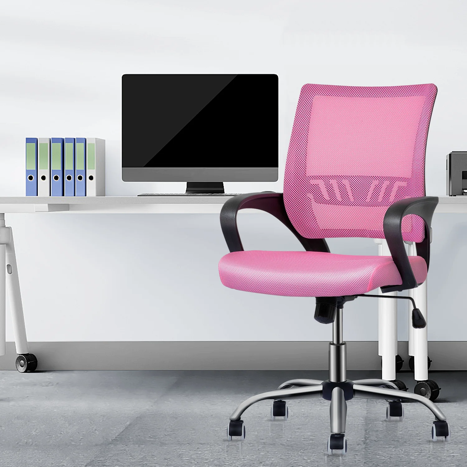Magshion Adjustable Mid Back Computer Office Chair Mesh Swivel Desk Seat with Armrests, Pink