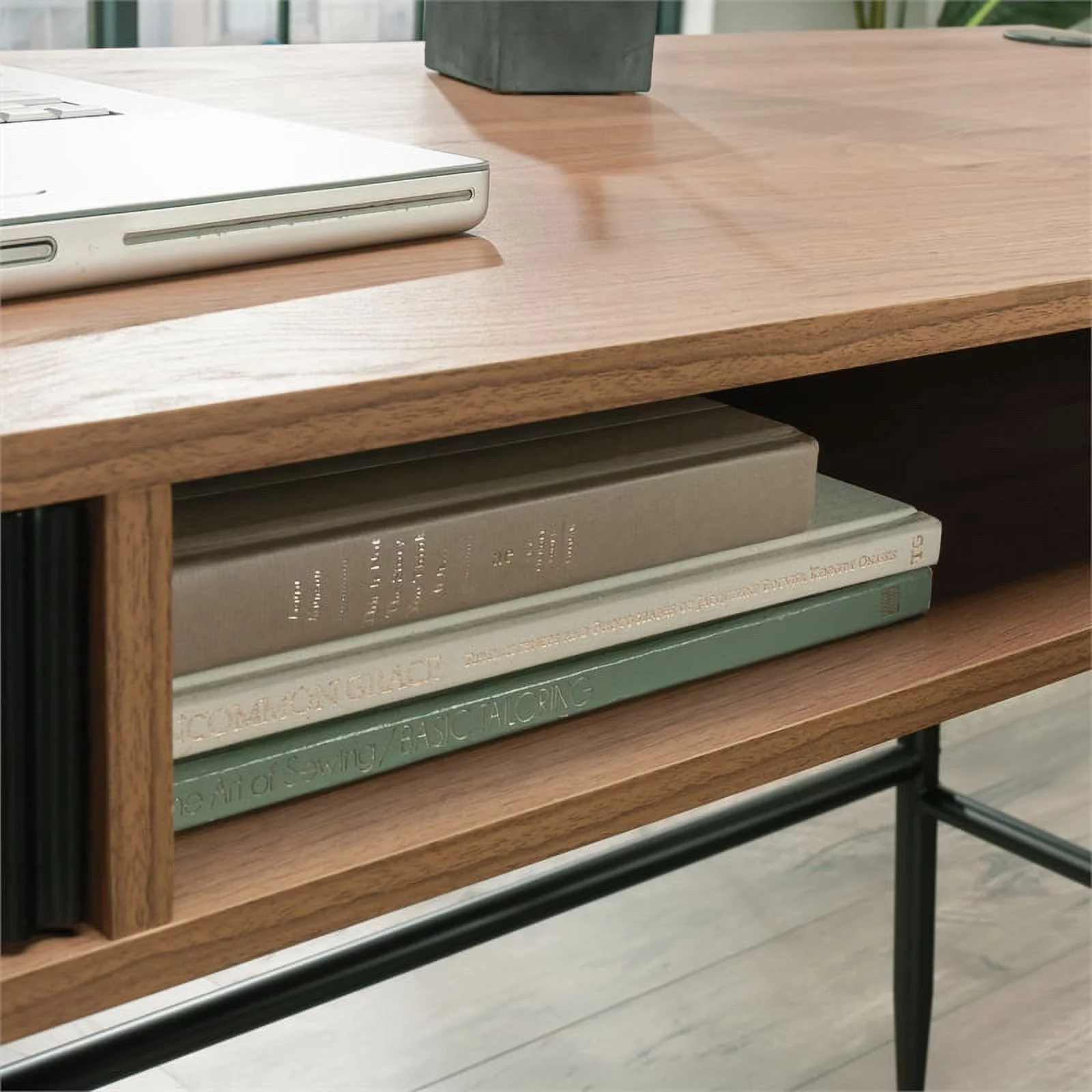 Sauder Ambleside Engineered Wood/Metal L-Desk in Serene Walnut