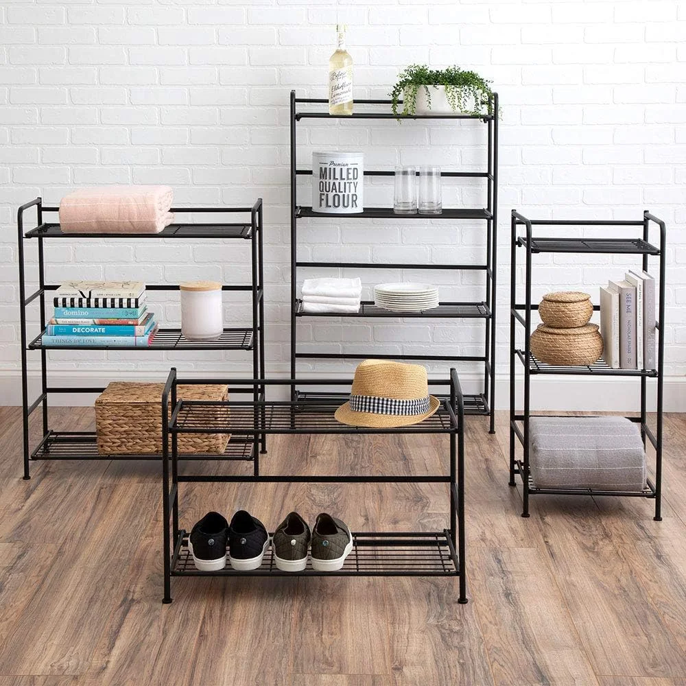 Folding Metal Bookcase-Small Space -No Assembly-Home, Kitchen, Bathroom And Office Black, 4 Shelves, Wide