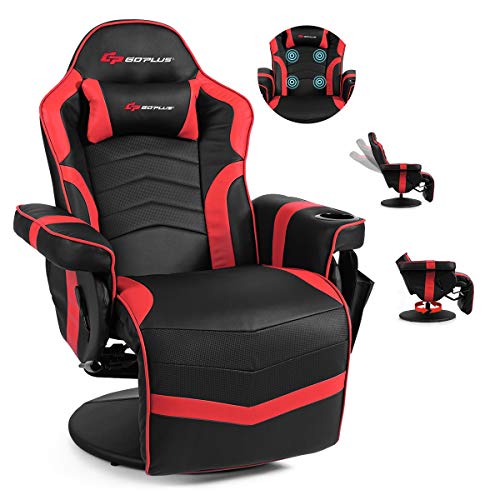 POWERSTONE Gaming Recliner Massage Gaming Chair with Footrest Ergonomic PU Leather Single Sofa with Cup Holder Headrest and Side Pouch, Adjustable Living Room Chair Seating, Black