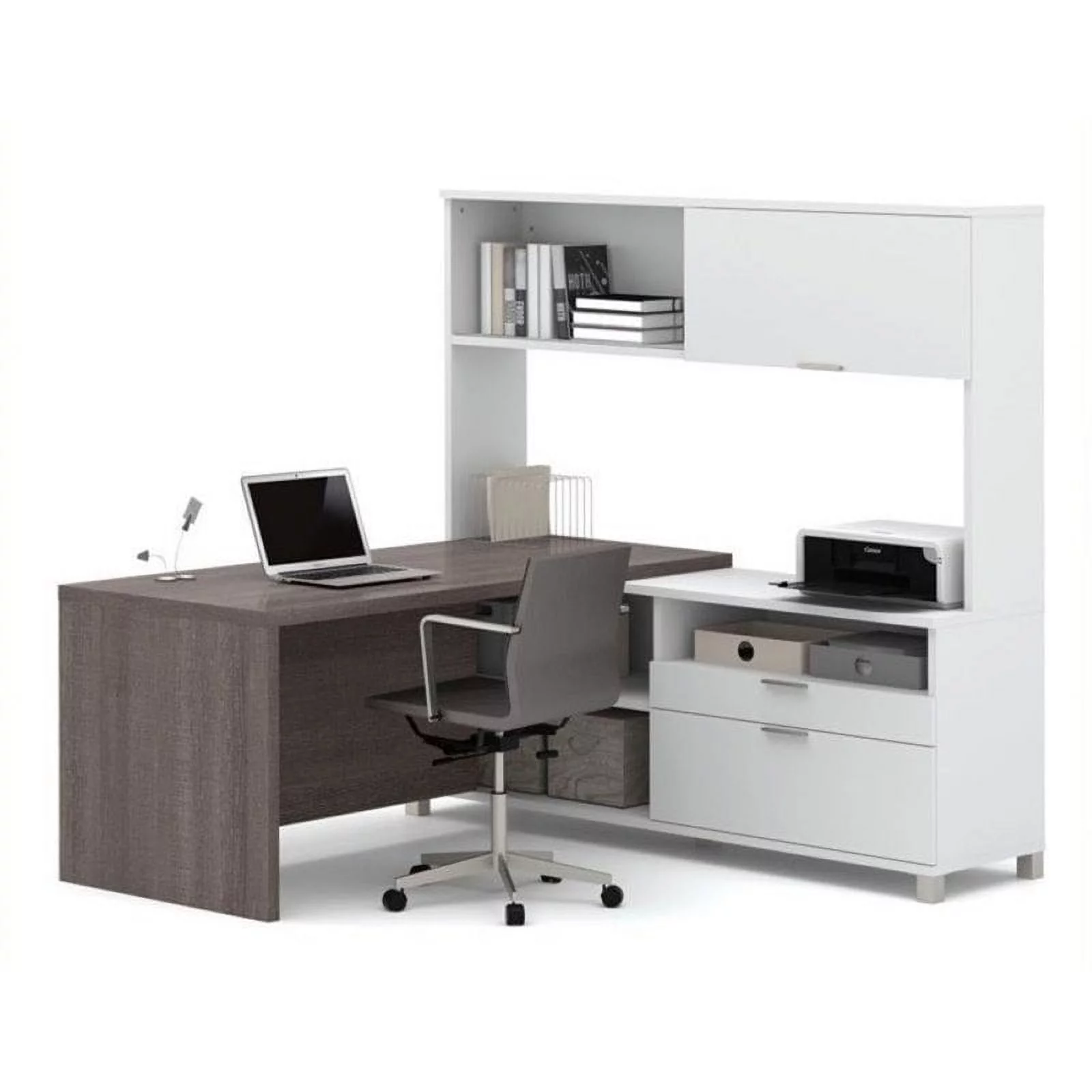 Bowery Hill L-Desk with Hutch in White and Bark Gray