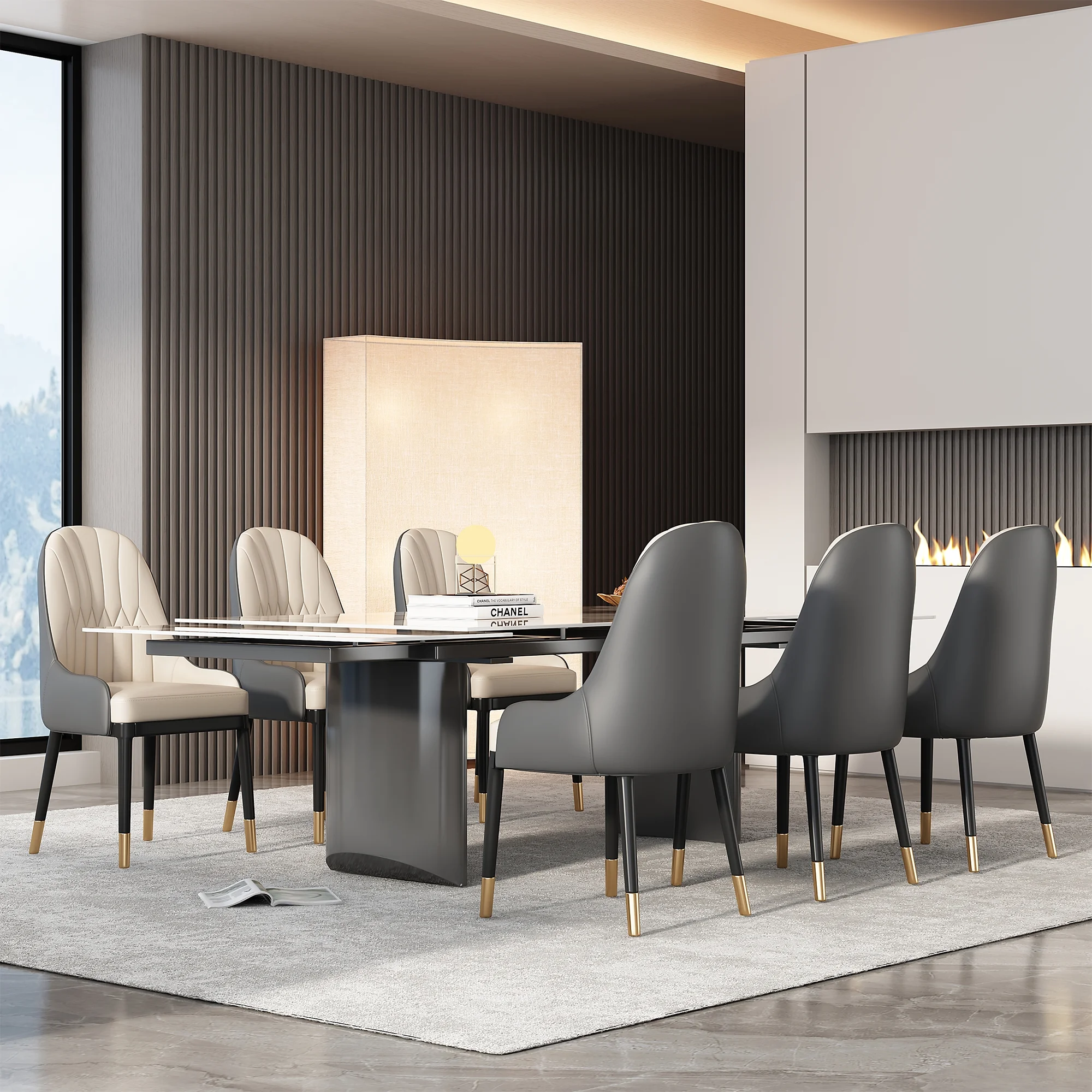 6-Person Extendable 63'' to 94.5''  Dining Set,Rectangular Sintered Stone Top, Stainless Steel Legs (1 Table 6 white PoloChairs)